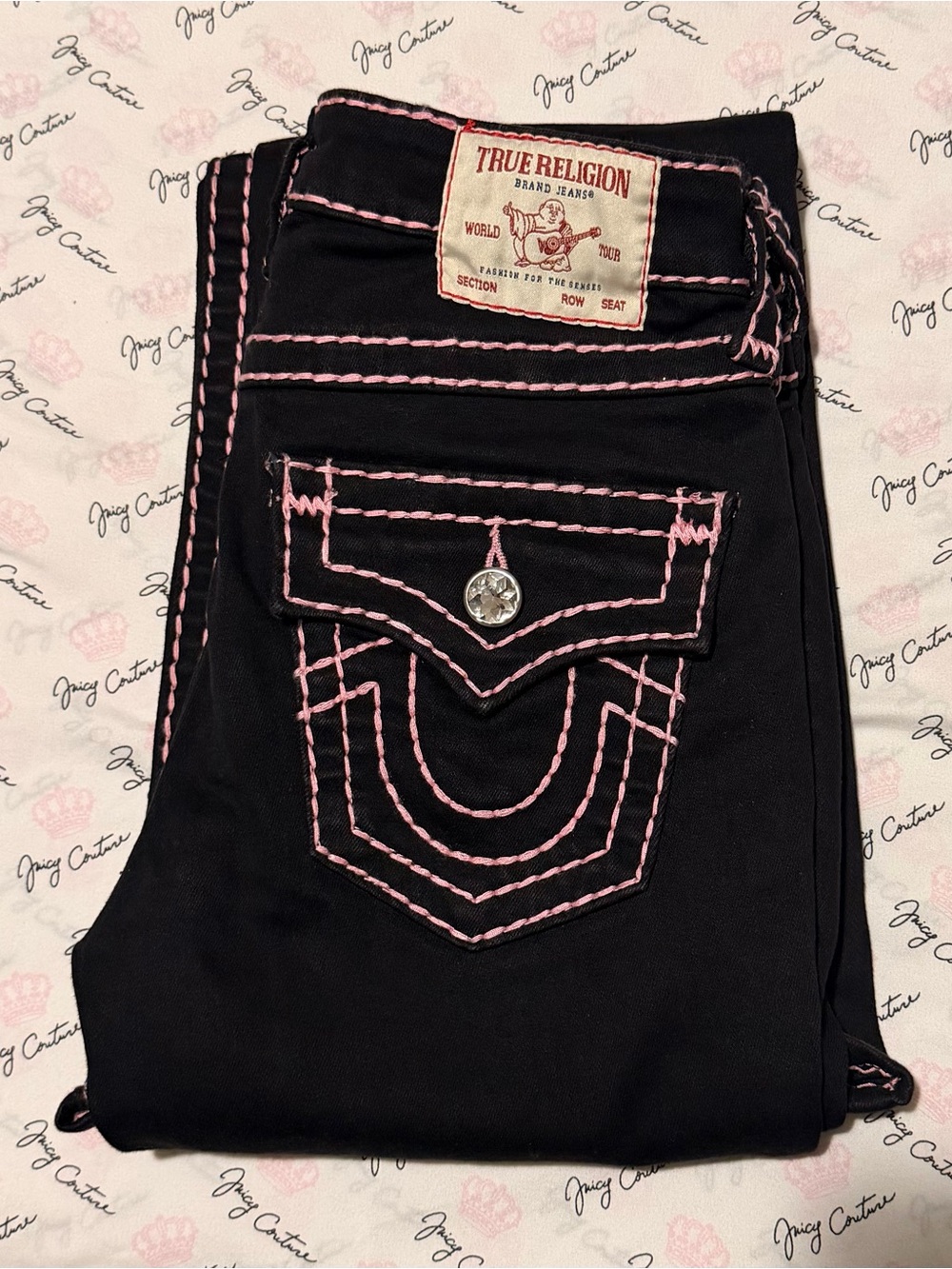 True Religion Becca Mid Rise Big T Bootcut Jean Jeans Black & Pink Waist NWOT